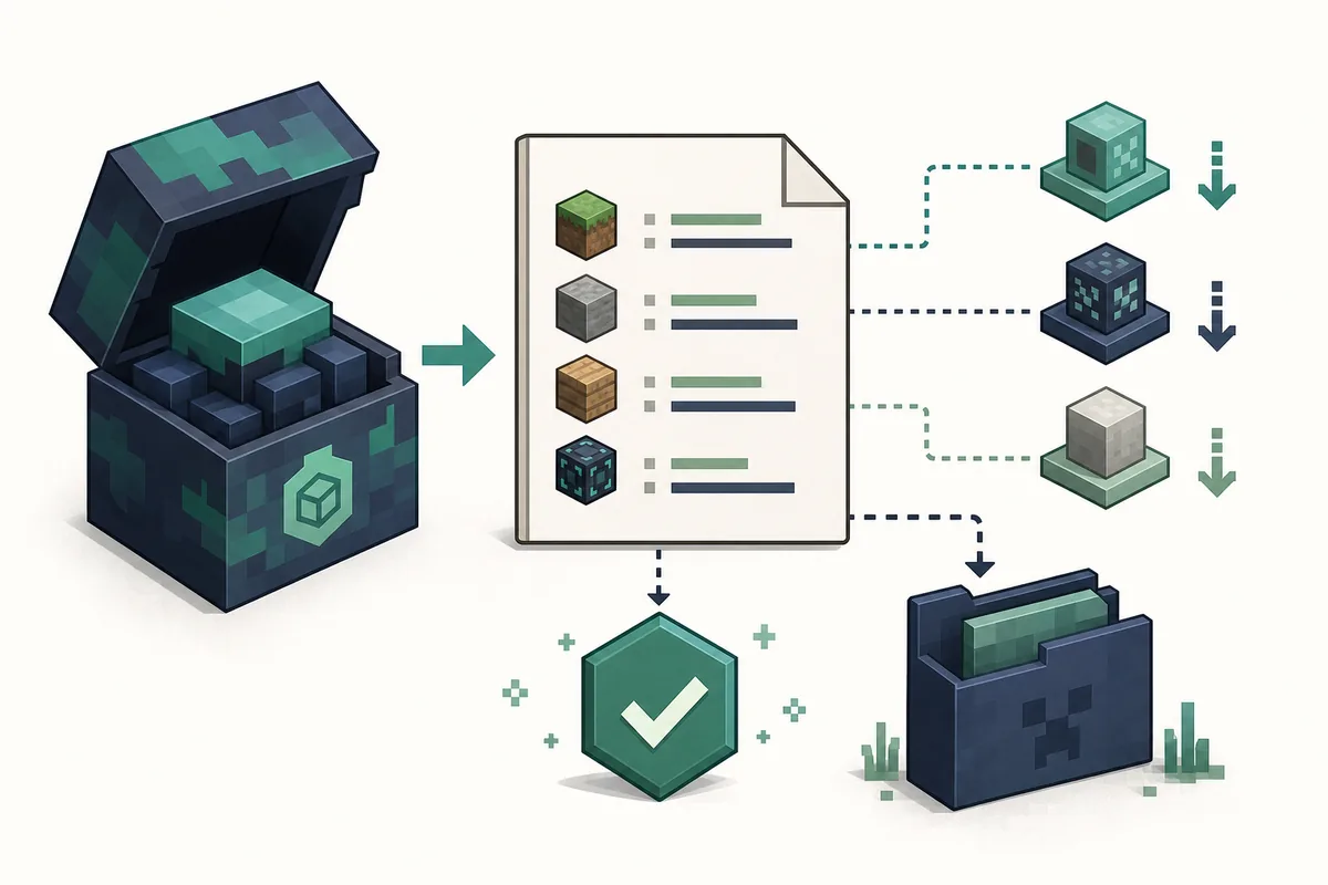 Editorial diagram of an MRPACK manifest connecting files, downloads, hashes, and override folders