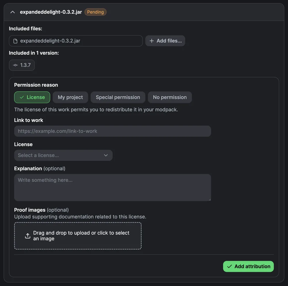 Official Modrinth permission details form with license, ownership, special permission, and no-permission choices