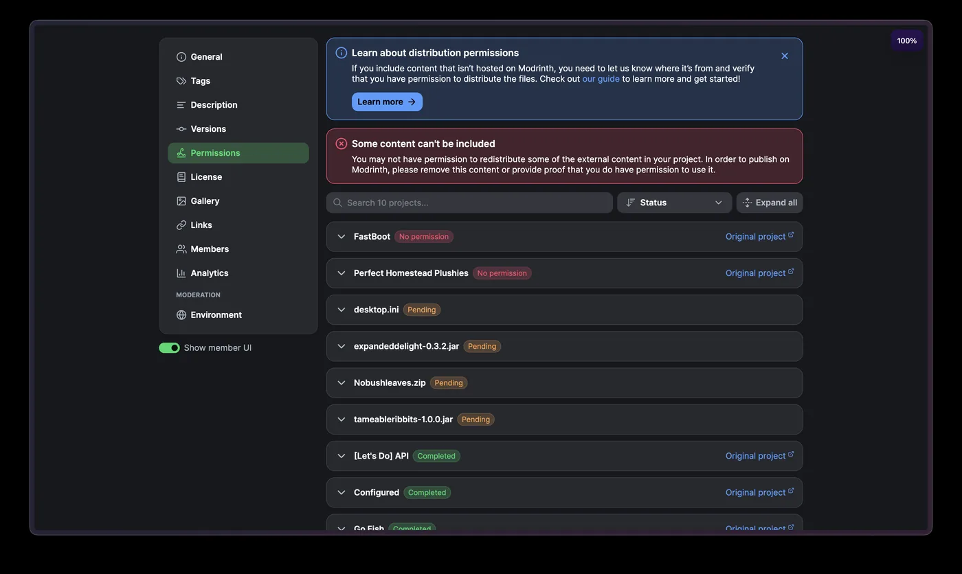 Official Modrinth Permissions page grouping external modpack content by pending, completed, and no-permission states