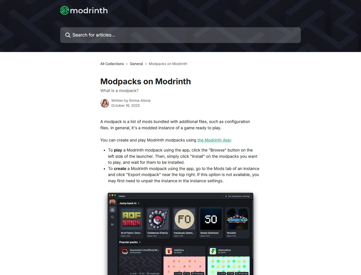 Official Modrinth support article explaining modpacks and the Modrinth App