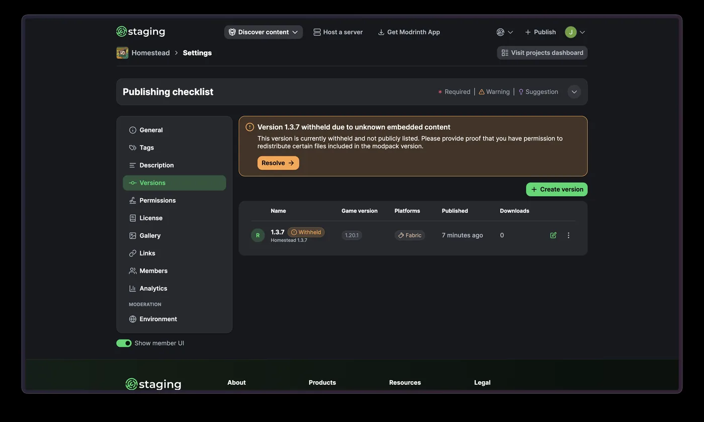 Official Modrinth project settings showing a modpack version withheld for unknown embedded content