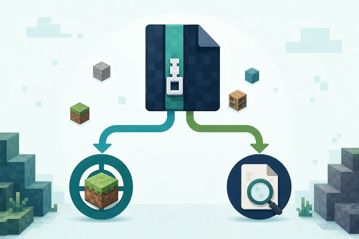 Editorial diagram showing an MRPACK archive opened through launcher import or inspection workflow